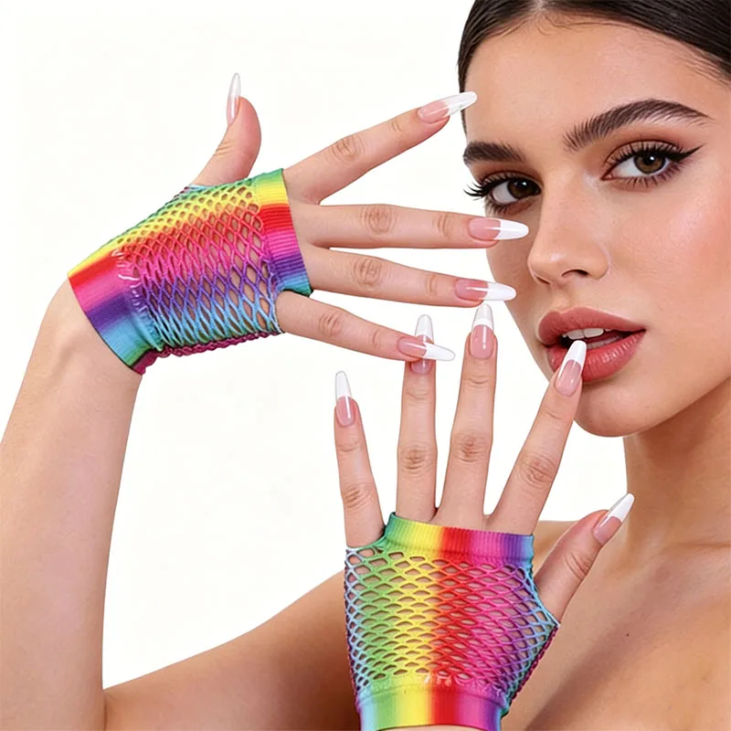 Nightclub Sexy Fishing Net Gloves Rainbow Neon Party Punk Half Finger Gloves Women Disco Dance Costume Long Mitten