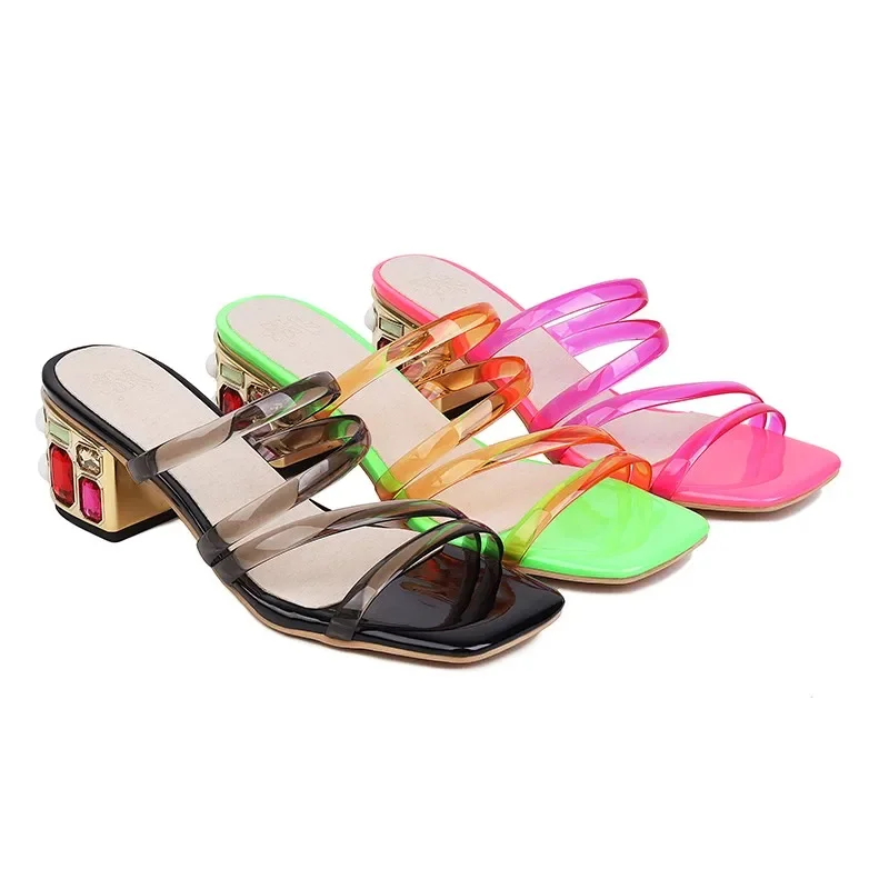 Seaside Shoes Women Summer New Fashion Transparent Sheer Sandals Colored Diamond Square Heels Beach Slides Woman Slippers 2022