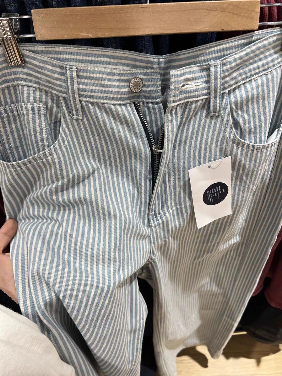 블루 스트라이프 데님 스트레이트 바지 여성 가을 ​​하이 웨이스트 루즈 와이드 레그 팬츠 아메리칸 빈티지 streetwear 캐주얼 바지 y2k