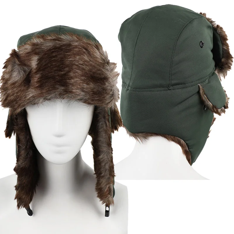 Winter Hat Warm Ear Protection Windproof Pilot Hats Solid Color Fluffy Faux Fur Cap Headwear Bonnet Winter Cap Man Russian Hat