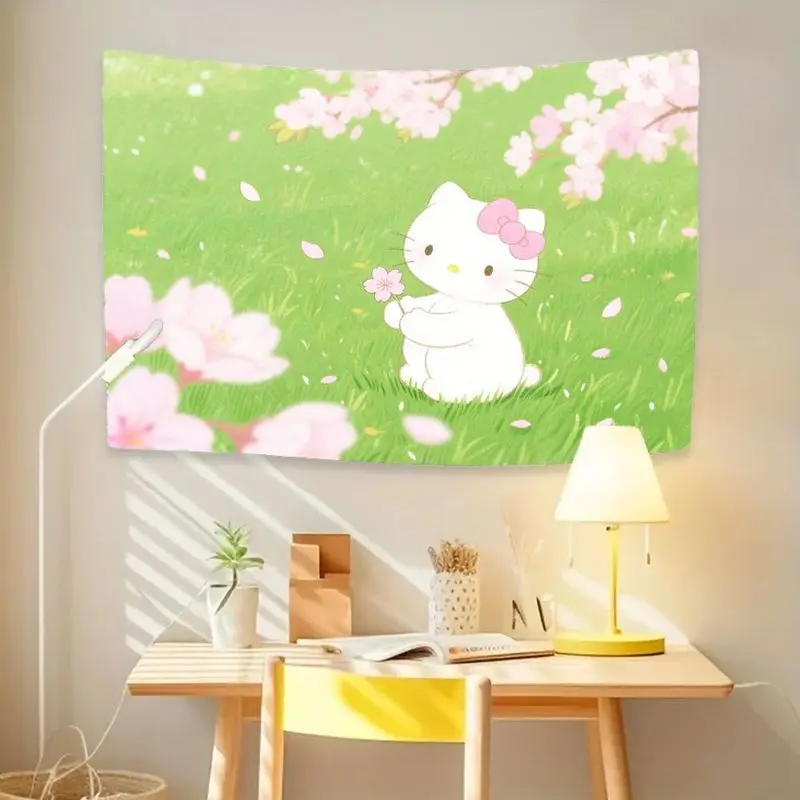 1 STÜCK Sanrio Hello Kitty Rosa Kirschblüten-Wandteppich, Kawaii Green Field Wandkunst für Wohnzimmer, Schlafzimmer, Wohnheim, Dekoration und Geschenke