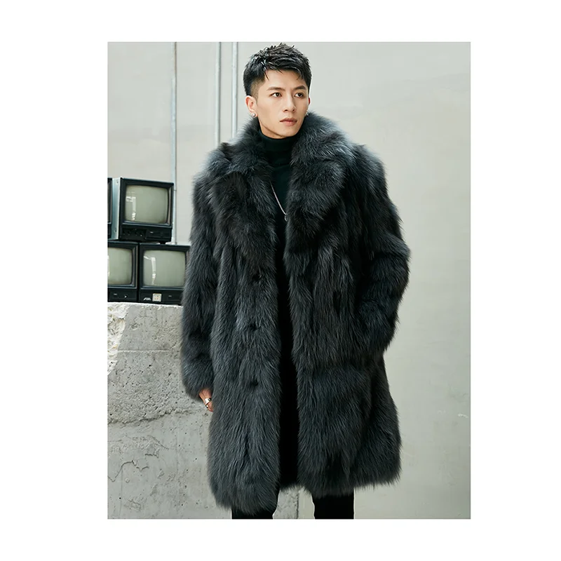 High-fashion Shawl Collar Real Fox Fur Coat Warmth Cozy Winter Long Fur Coat For Mens