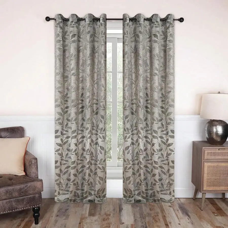 Blackout Curtains With Leaf Pattern, Room Darkening Window Treatment, Thermal Insulation, Modern Bohemian Style, 2 Panels,
