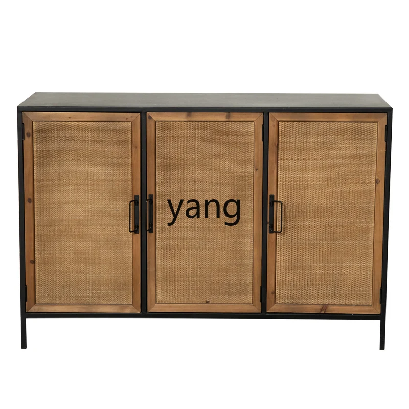 

Yjq Retro Simple Metal Iron Art Sideboard Storage Natural Rattan Creative Storage Three Doors