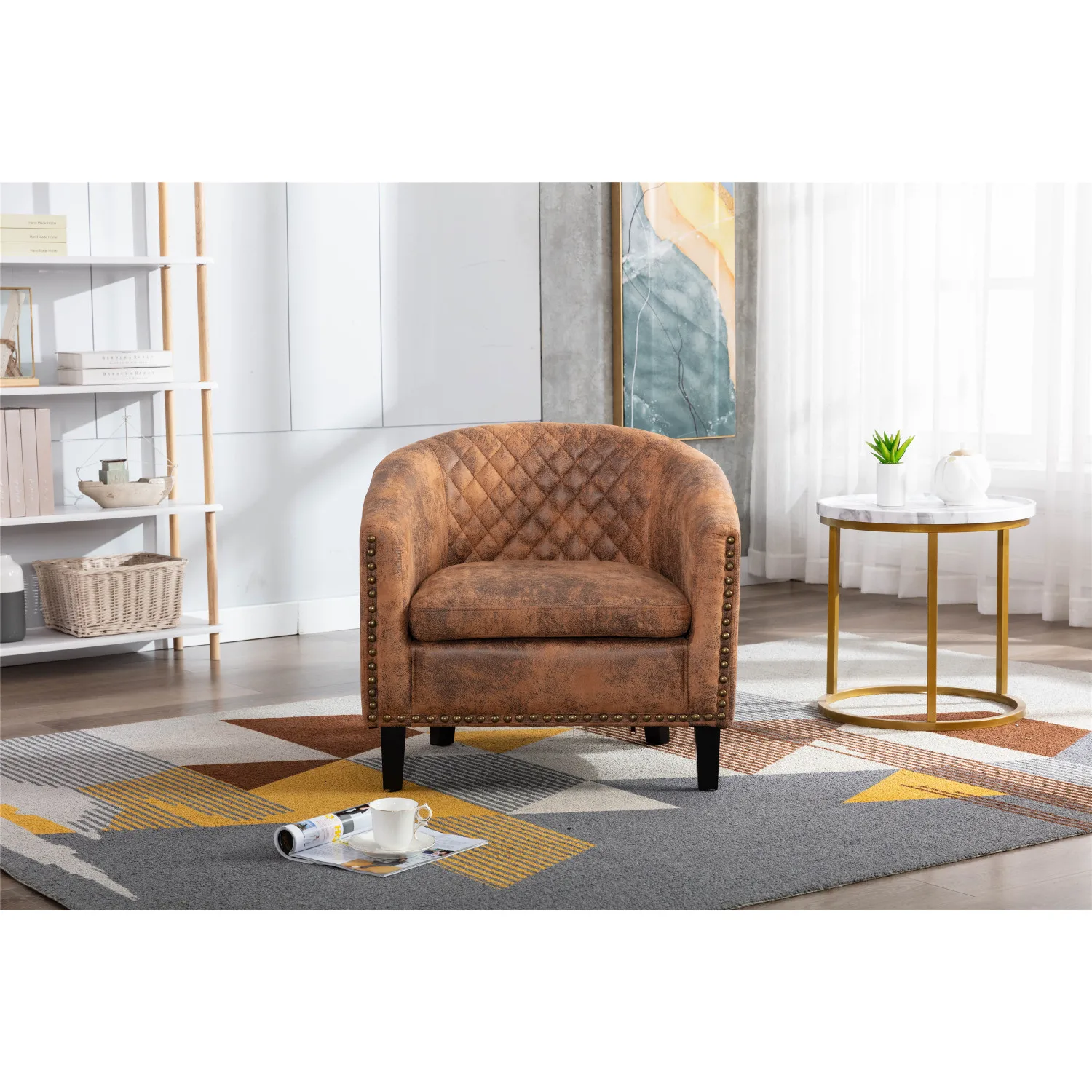 Barrel Chair with Nailheads, Solid Wood Legs, Light Coffee Microfiber Fabric - COOLMORE Accent Chair for Living Room