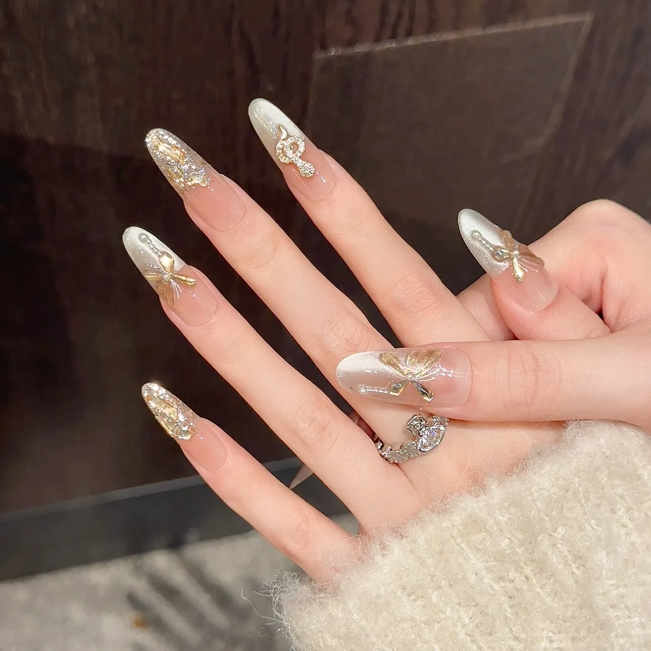 10 pçs longo oval artesanal unhas falsas dicas olho de gato borboleta design argent falso arte do prego strass amêndoa imprensa em unhas conjuntos