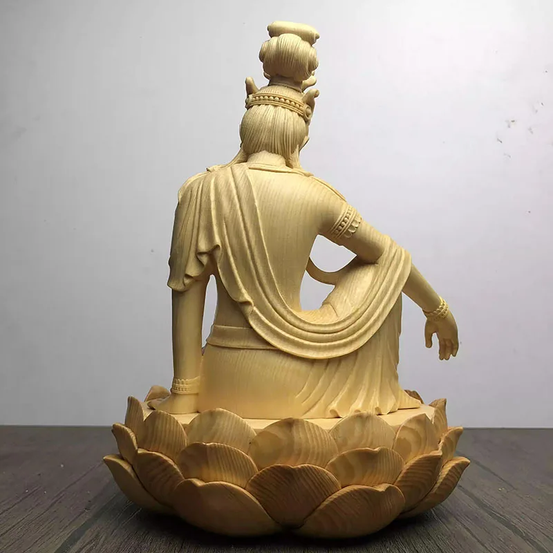 Zen Seated Guanyin on Lotus - Hinoki Wood Carving of Meditative Bodhisattva, Serene Buddha Statue with Rosewood Base for Living
