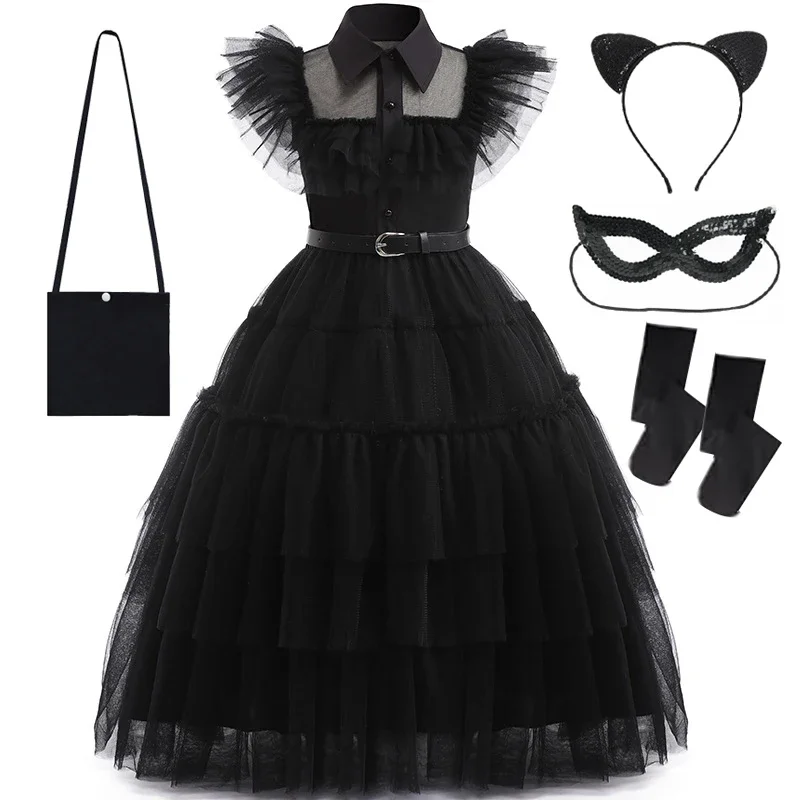 Halloween christesday dolams Cosplay Costume Girls black dress birthday princess dress kids elegant children vestidos 12y