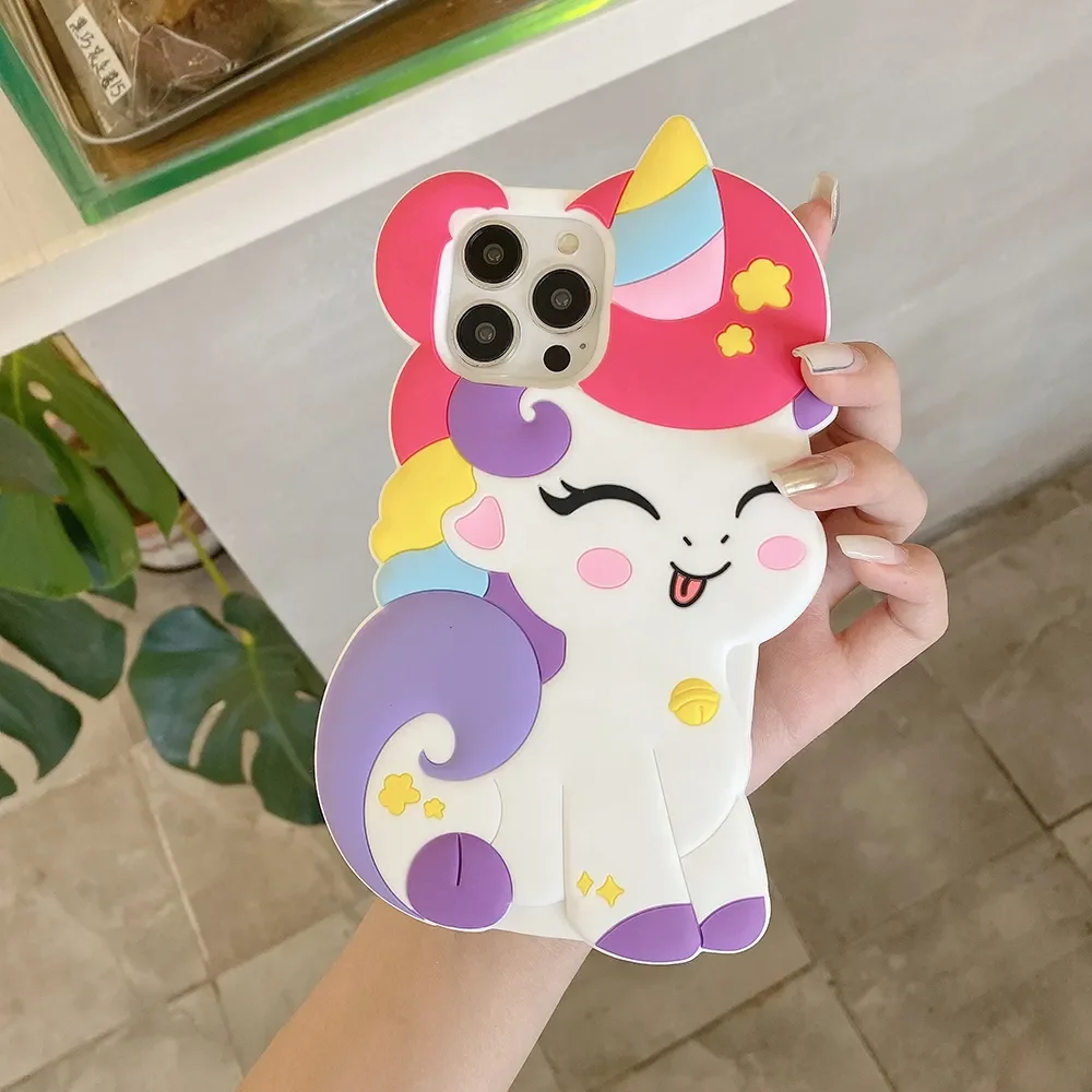 Cute 3D Cartoon Rainbow Unicorn Horse Case For iPhone 11 12 13 14 15 Pro Max Soft Silicone Cover Phone Cases