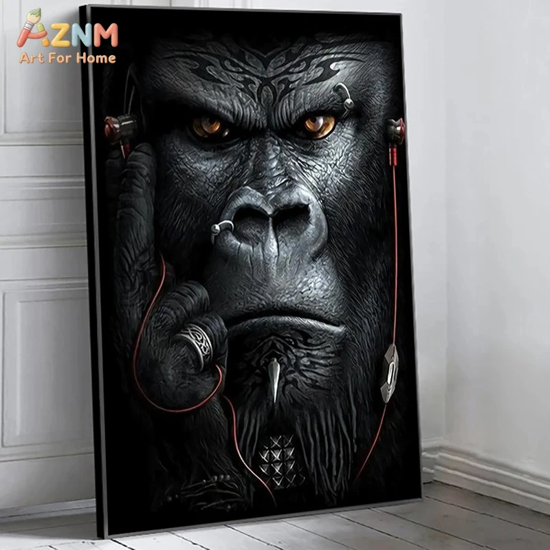 AZNM Cool Gorilla King with Crown Smoking Cigar Canvas Wall Art, Modern Black Background Animal Print Poster, Unframed Gorilla P