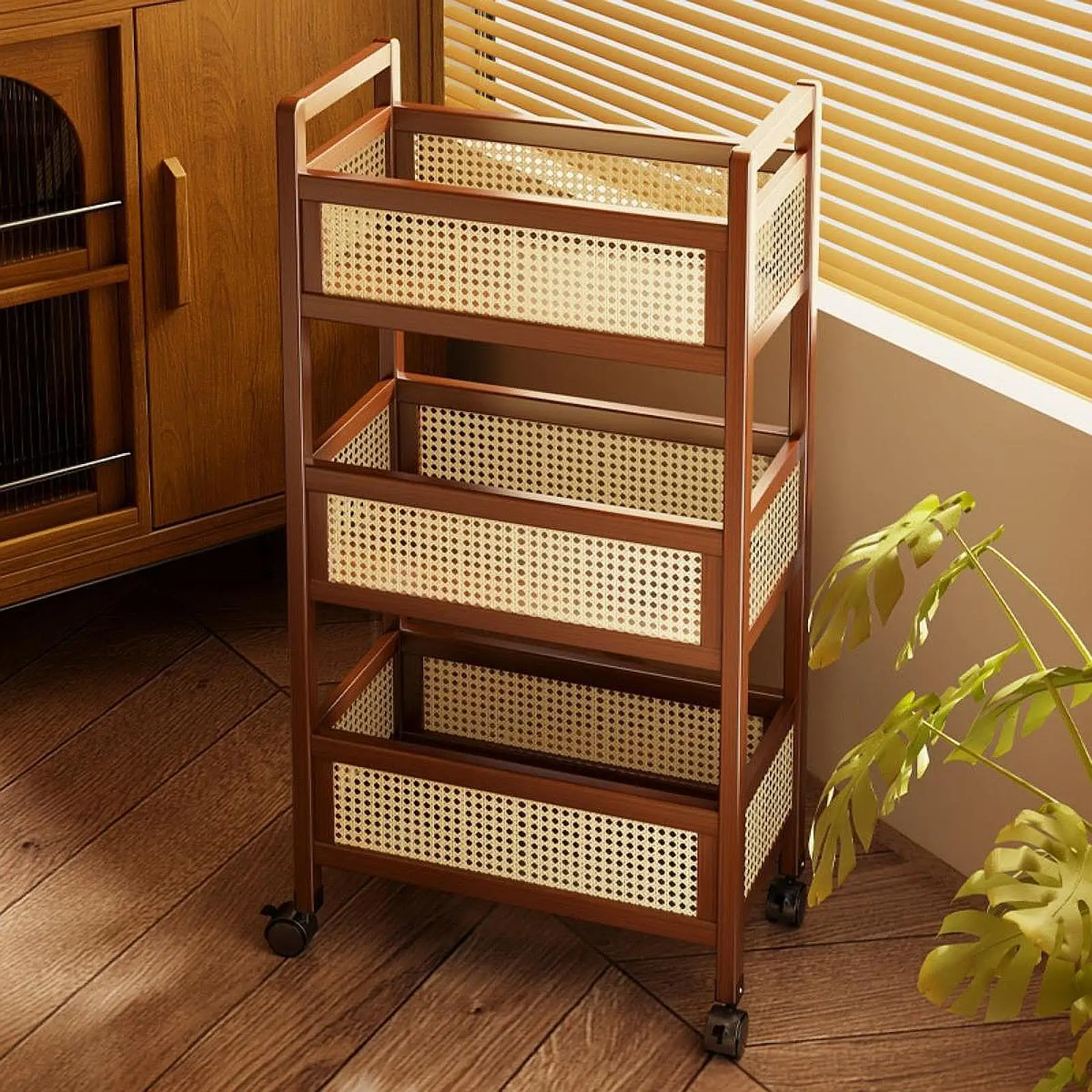 3 Tier Rolling Wood Cart Storage Organizer Movable Floor-Standing Multi-Tiered Snack Cart Storage Rack For Bedroom Multifunction image 3