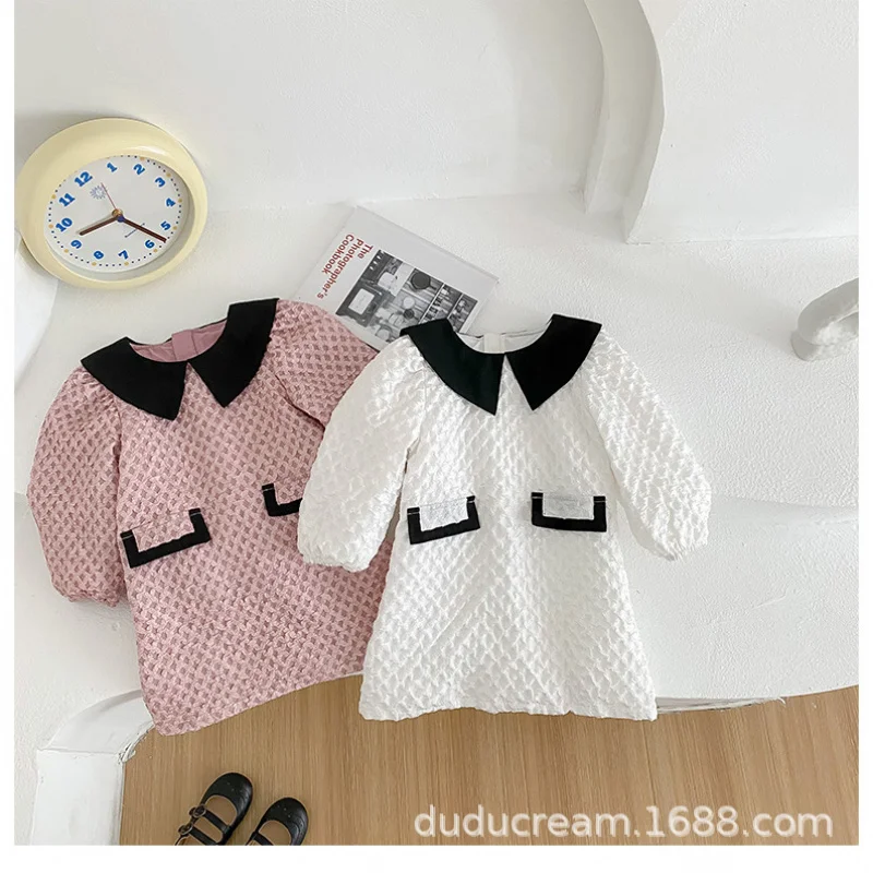 Girls Dress Color Effect Collar Bubble Plaid Jacquard Children Long Sleeve Skirt French Style Temperament Little Kids' Skirt