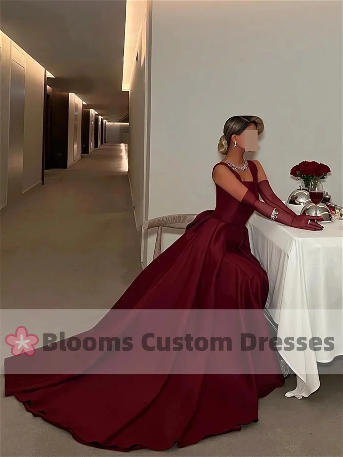 Blooms Elegant Burgundy Customized Prom Dress Square Neck Party Evening Gown Bow Floor Length Saudi Formal Occasion Dress