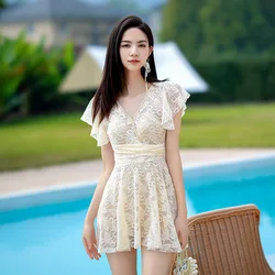 wisuwore 2023 Newest Swimsuit Women One Piece Bathing Suit Flouching Sexy Korean Style Swimwear Padded V-Neck Swim Dress