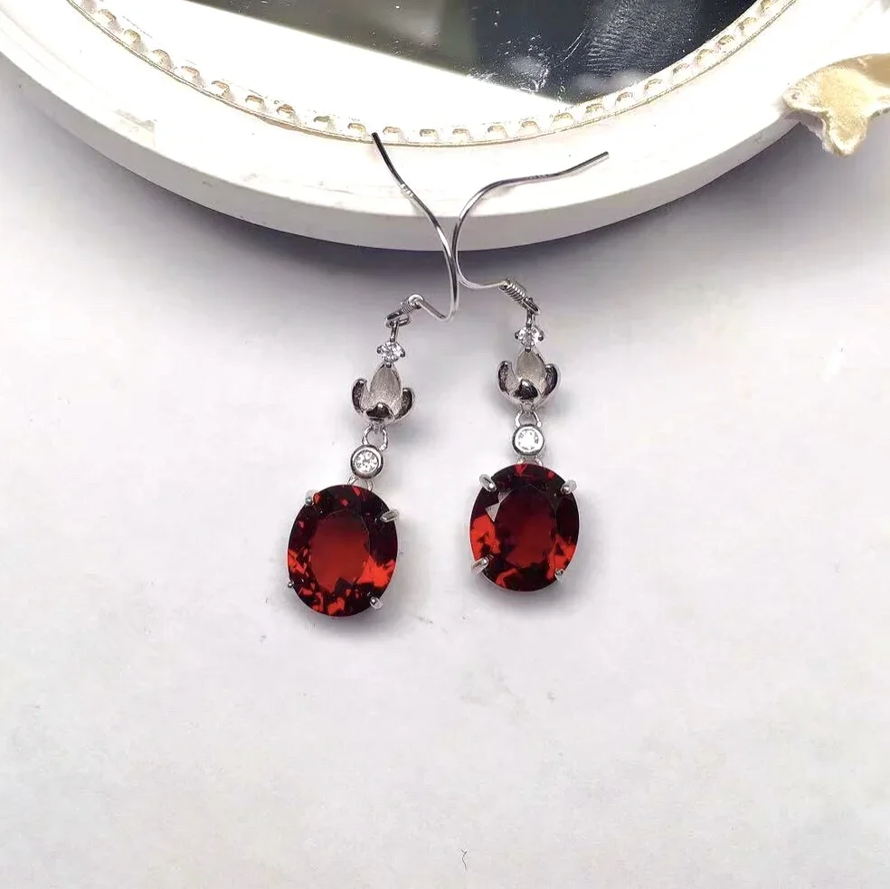 Luxury Garnet Drop Earrings for Party 9mm*11mm VVS Grade Natural Garnet Silver Earrings Simple 925 Silver Garnet Hook Earrings