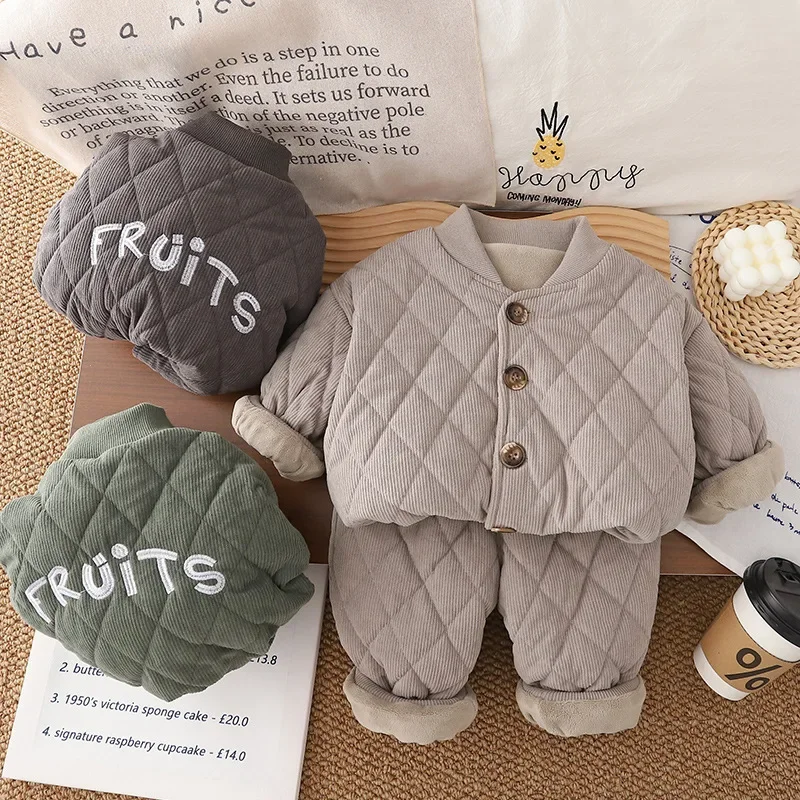 

Kid Boys Clothing 1-5Y Fleece Lined Thickened Sets Corduroy Quilted Jacket and Pants 2Pcs Boy Children's Set Warm Cozy Homewear