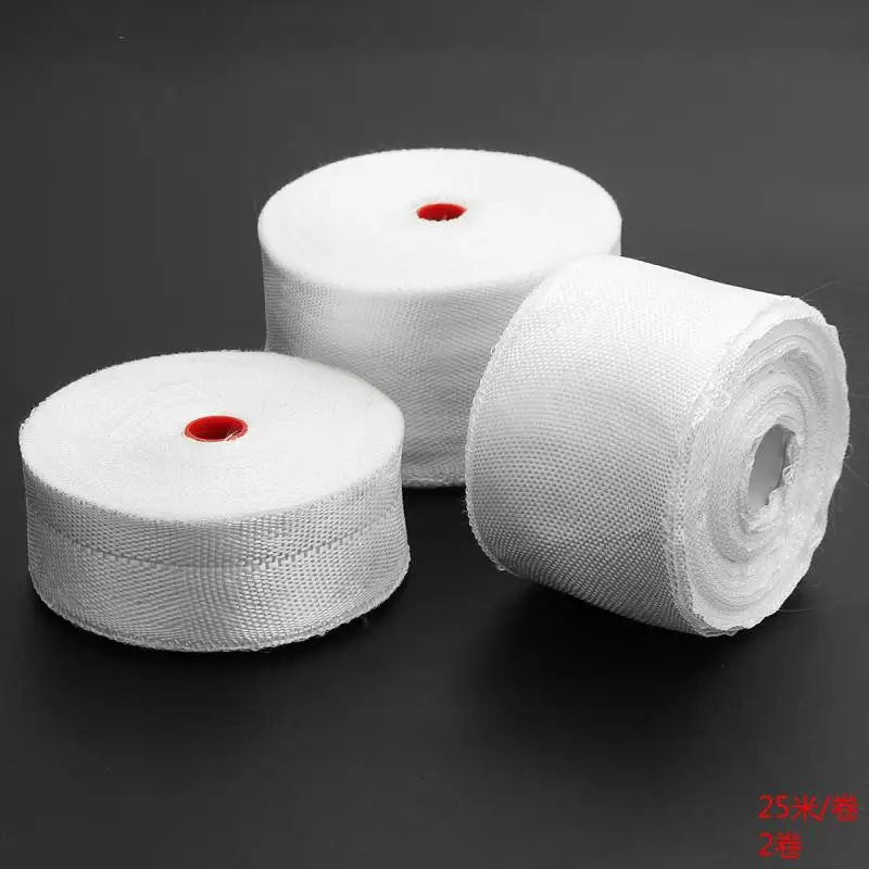 2 rolls of 20mm x 25m white fiberglass cloth tape, fiberglass plain weave seams, high strength, high temperature resistance