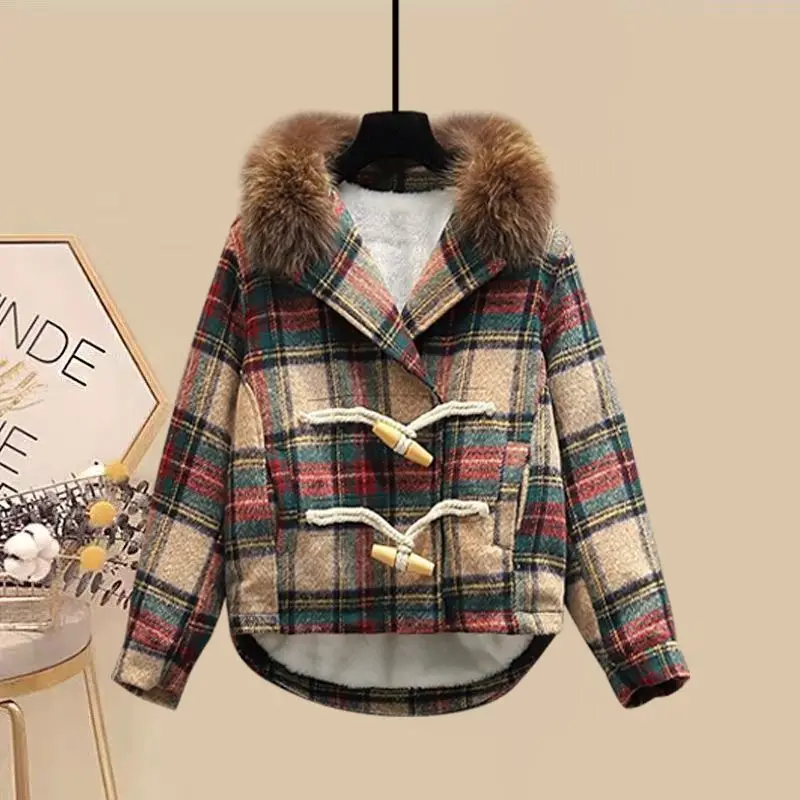 Large Size Women's Clothing 2024 Autumn/winter New Fashionable Slimming and Thickened Woolen Jacket Dress Two-piece Set Trendy