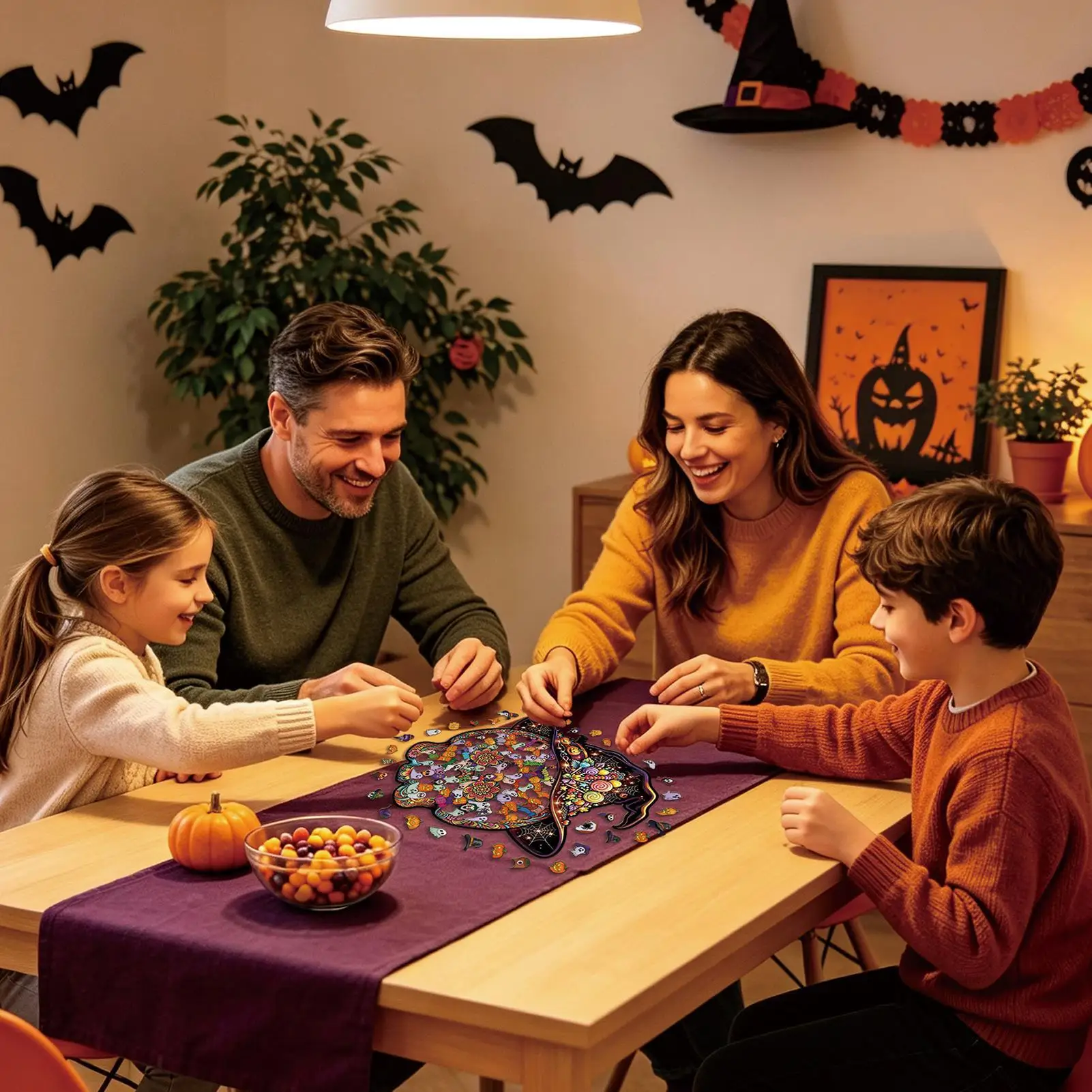 Halloween Puzzle 127 Pieces Challenging Vibrant Smooth Desktop Decoration Skull Witch Hat Jigsaw Home Desk Shelf Classroom