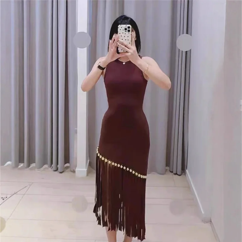 

French Elegant 25 Spring Summer New Diagonal Fringe Embellished Knitted Sleeveless Vest Dress