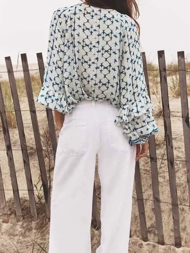 

Летние новые женские повседневные простые модные топы с длинными рукавами и металлическим принтом в европейском и американском стиле, рубашки