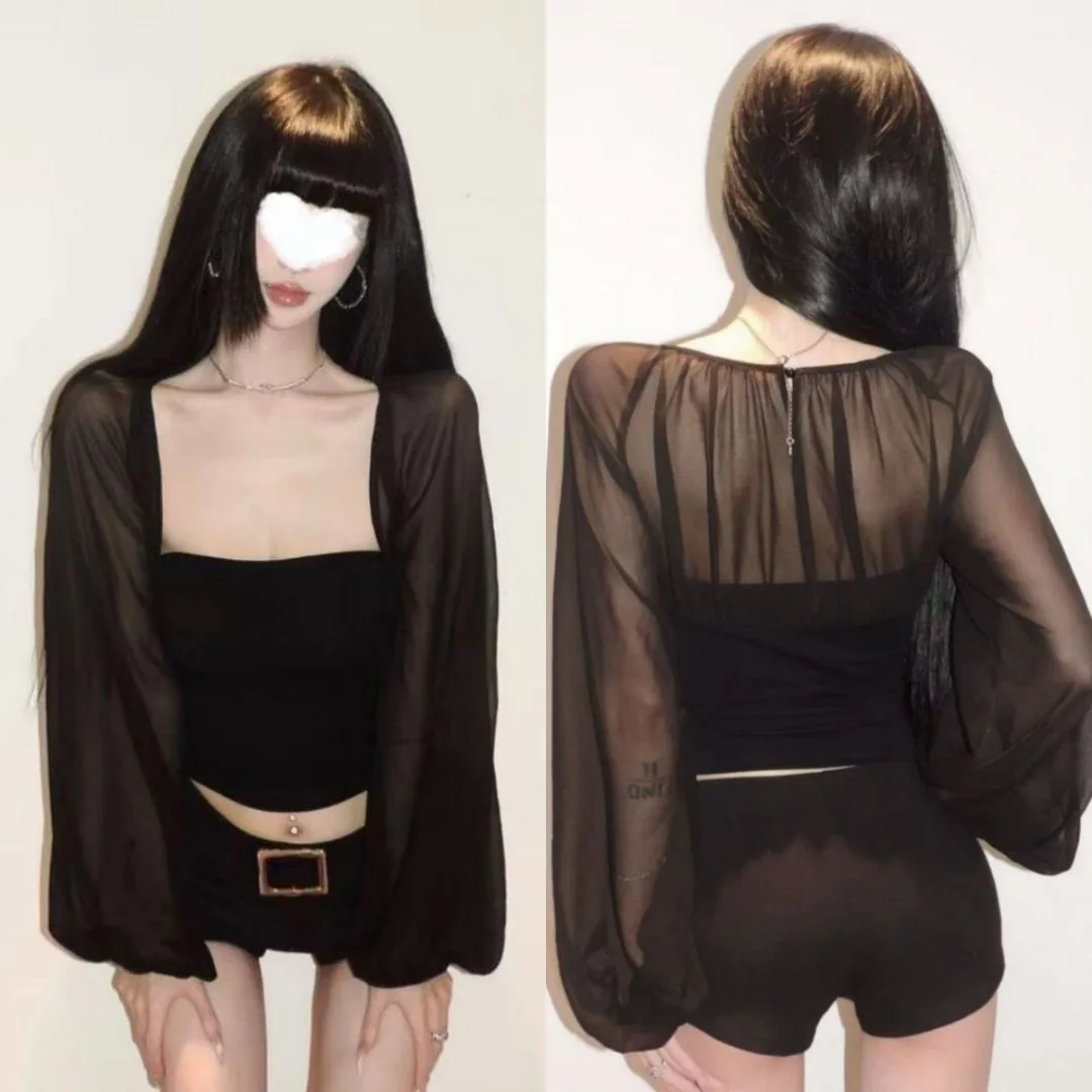 Black Lace Bell Sleeve Long Sleeve Top Waist Cinched Sexy Style Women's T-shirt Lantern Sleeve Patchwork Pure Desire Trendy Girl
