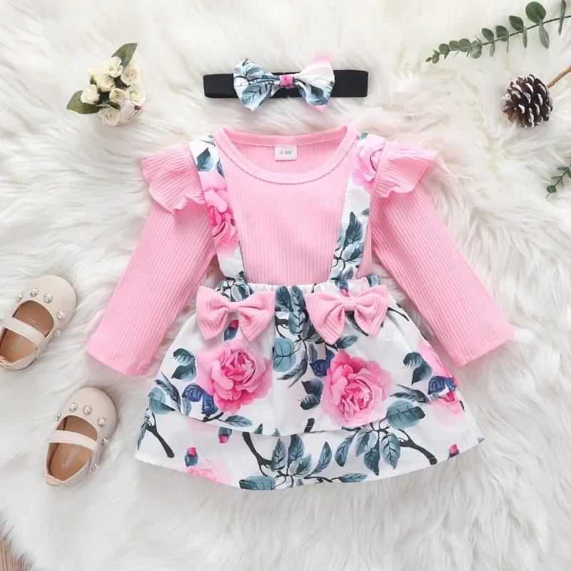 Children Clothes Spring and Autumn Baby Girl Pit Strip Small Flying Sleeve Triangle Dress Flower Bow Suspenders Skirt Set