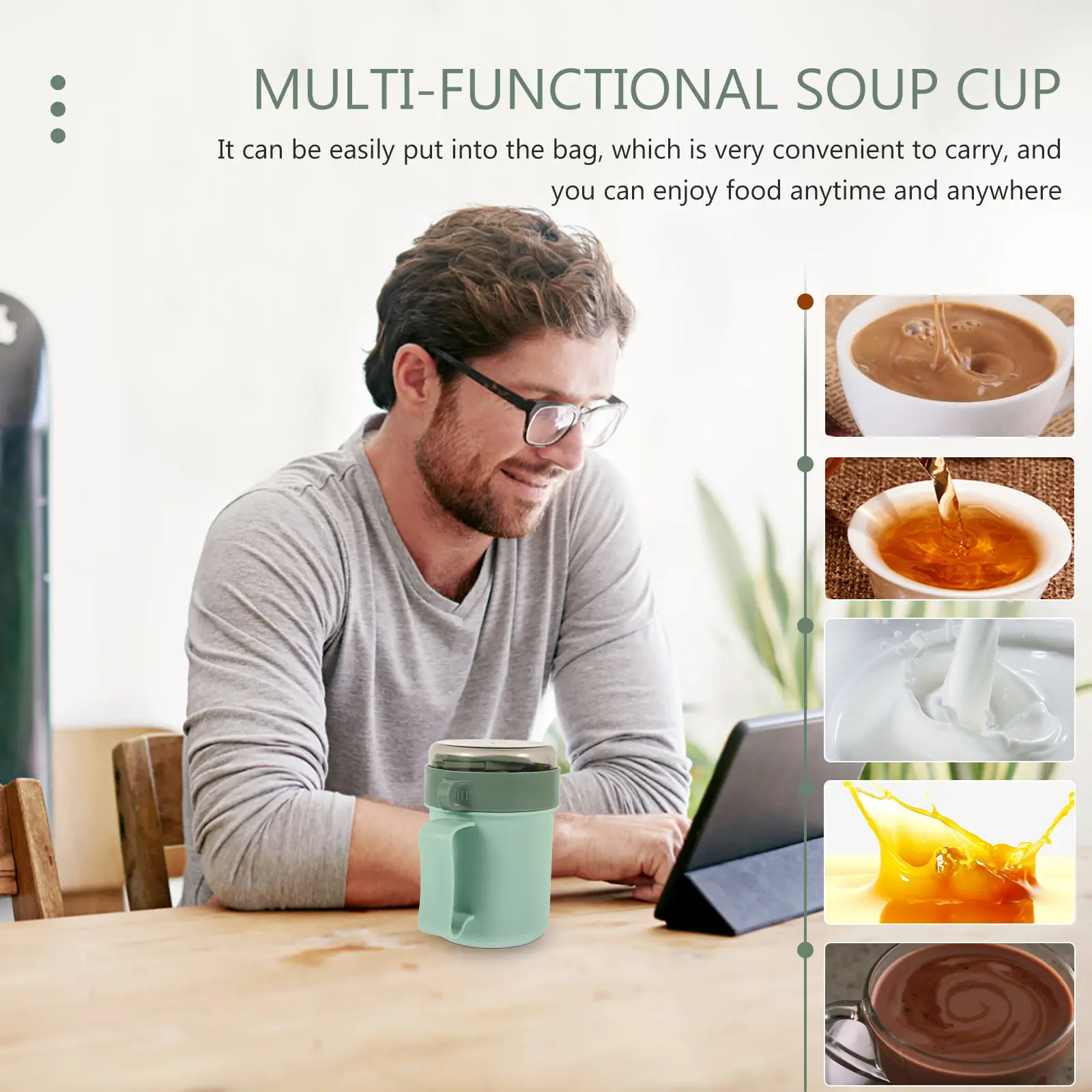 1Pcs Portable Breakfast Cup 500Ml Soup Cup with Lid and Spoon Leak Proof Non Slip Handle PP Material for Home Office Cereal Milk