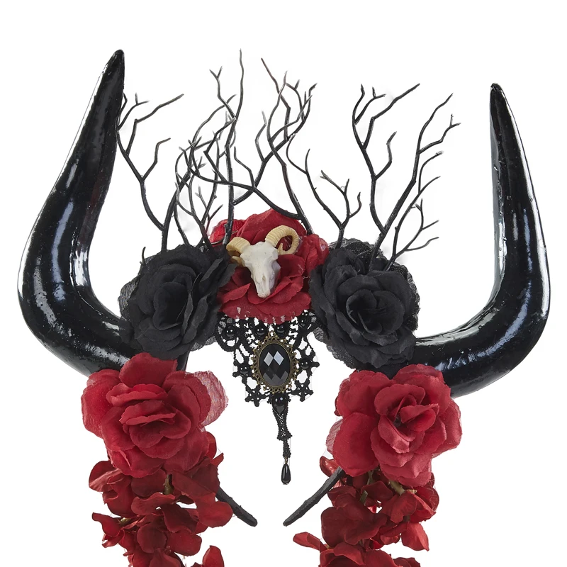 

Lolita Long Ox Horns Headband Vintage Gothic Skeleton Rose Hair Band Costume Photograph Hair Acessories