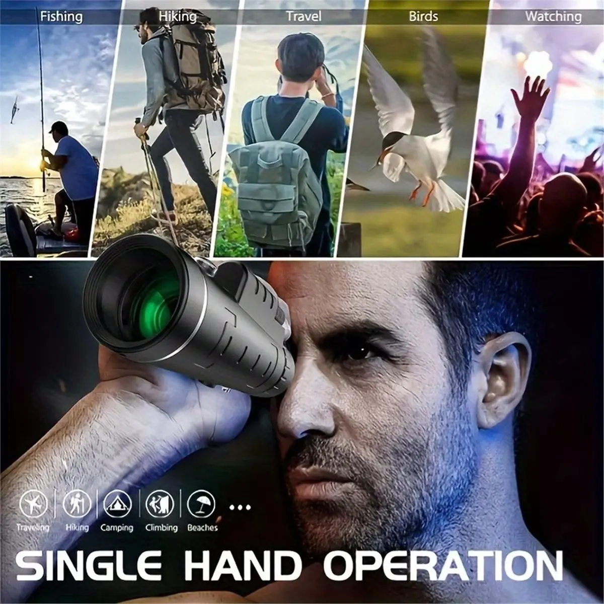 Monocular Telescope High Definition Zoom Low Light Night Vision Powerful Binoculars with Lanyard for Hiking Travel, 1Kit