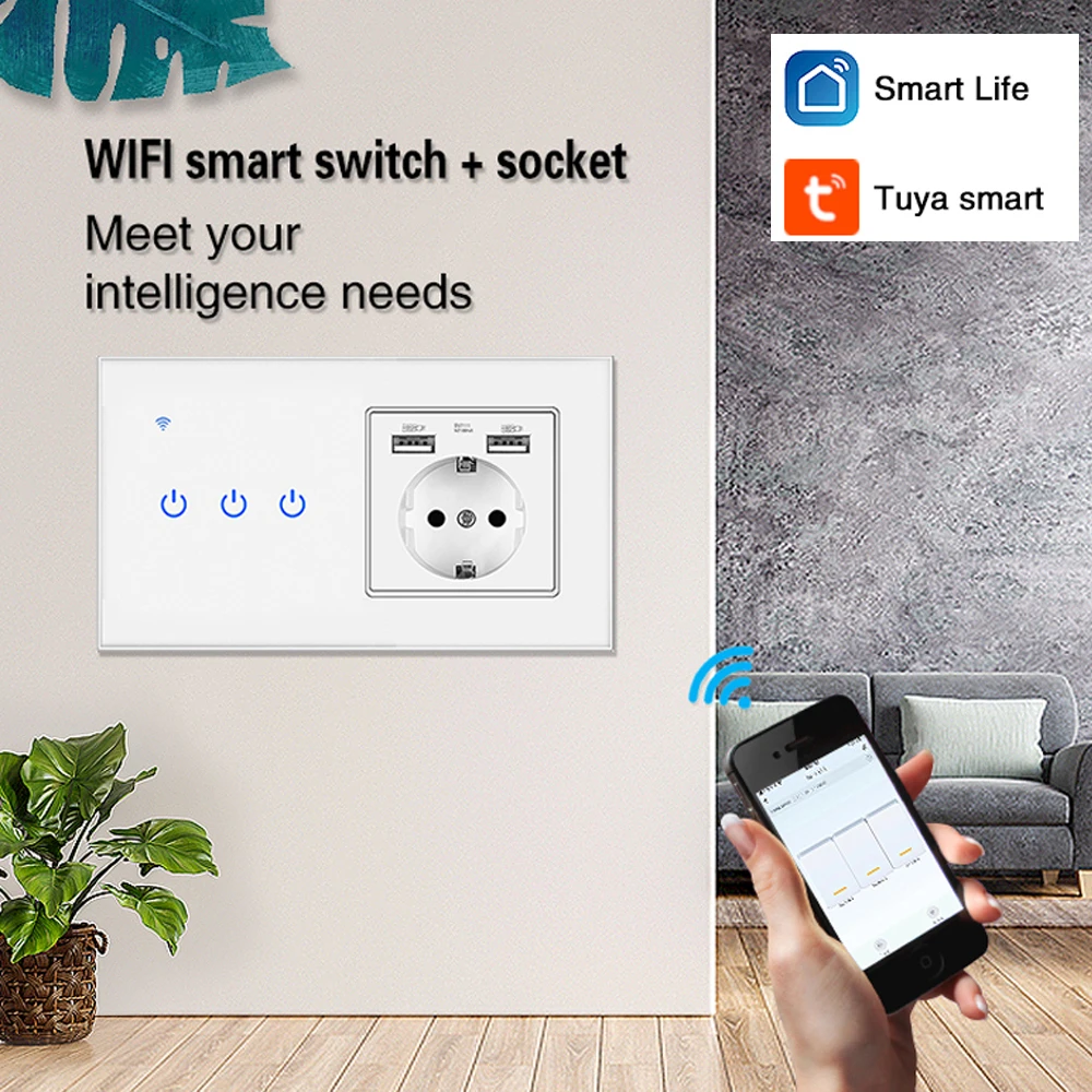 UBARO EU Russia pannello in cristallo temperato Smart Touch Switch con presa USB 220V Breaker Plug funziona con Tuya Smart Life