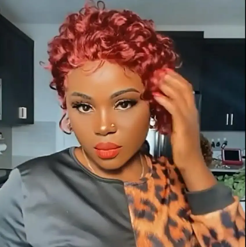 قطع بيكسي باروكات دانتيل أمامي ، شعر بشري ، قصير مجعد ، بورجوندي ، 6 بوصات ، 13x1