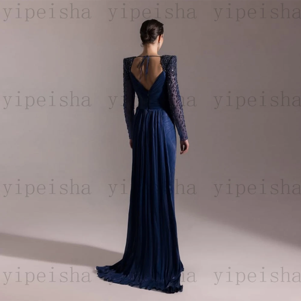 تخصيص الحبيب الحفلة الراقصة عارية الذراعين كم كامل مطرزة الديكور الطية حورية البحر فساتين السهرة الجانب الشق ثنيات فستان طويل