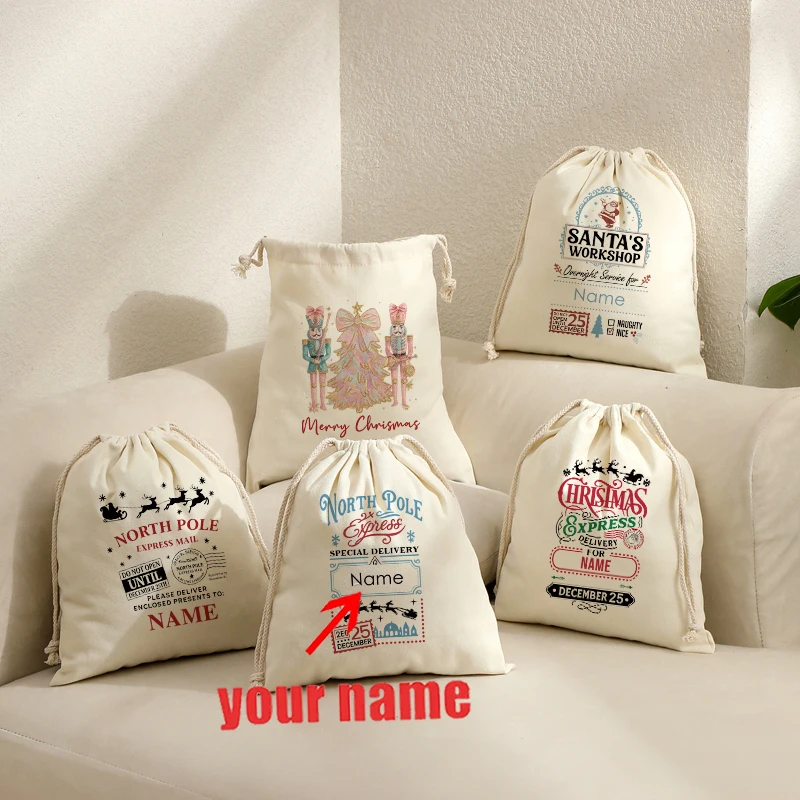Personalized Christmas Santa Sack North Pole Express Mail Canvas Drawstring Bag, Custom Name Xmas Gift Pouch for Holiday Present