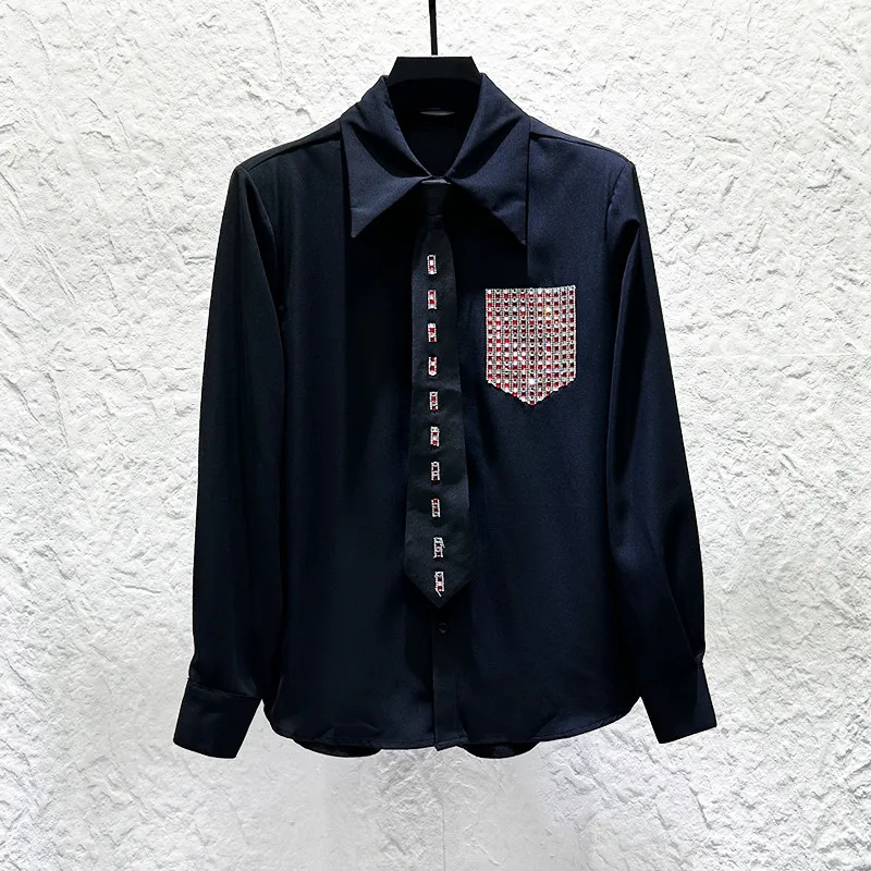 Personalized Rhinestone Tie Shirt Men's Fashion Casual Versatile Long Sleeved Shirt Nightclub Performance Social Party Shirts