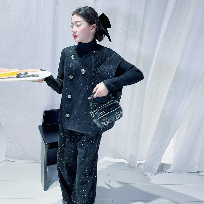 teen girls outfit sets Big bow shiny vest+High neck tops+flash wide leg pants 3pcs junior kid clothes suit child pants conjuntos