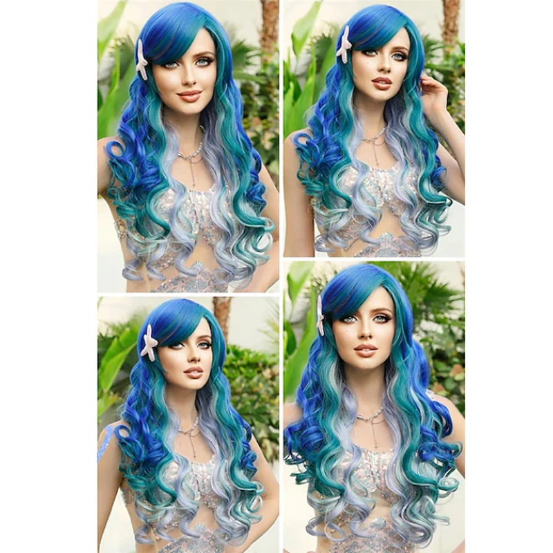 HAIRJOY-peruca longa ondulada para mulheres e meninas, perucas da pequena sereia Ariel, peruca cosplay, peruca encaracolada azul e verde