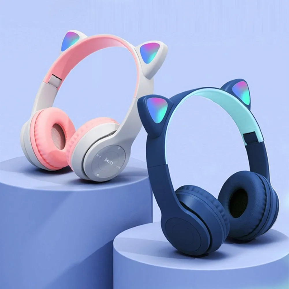 Wireless Headphones Cat Ear Bluetooth-Compatible Helmets Glow Light Over-Ear Headsets Stereo Bass for Kids and Adult