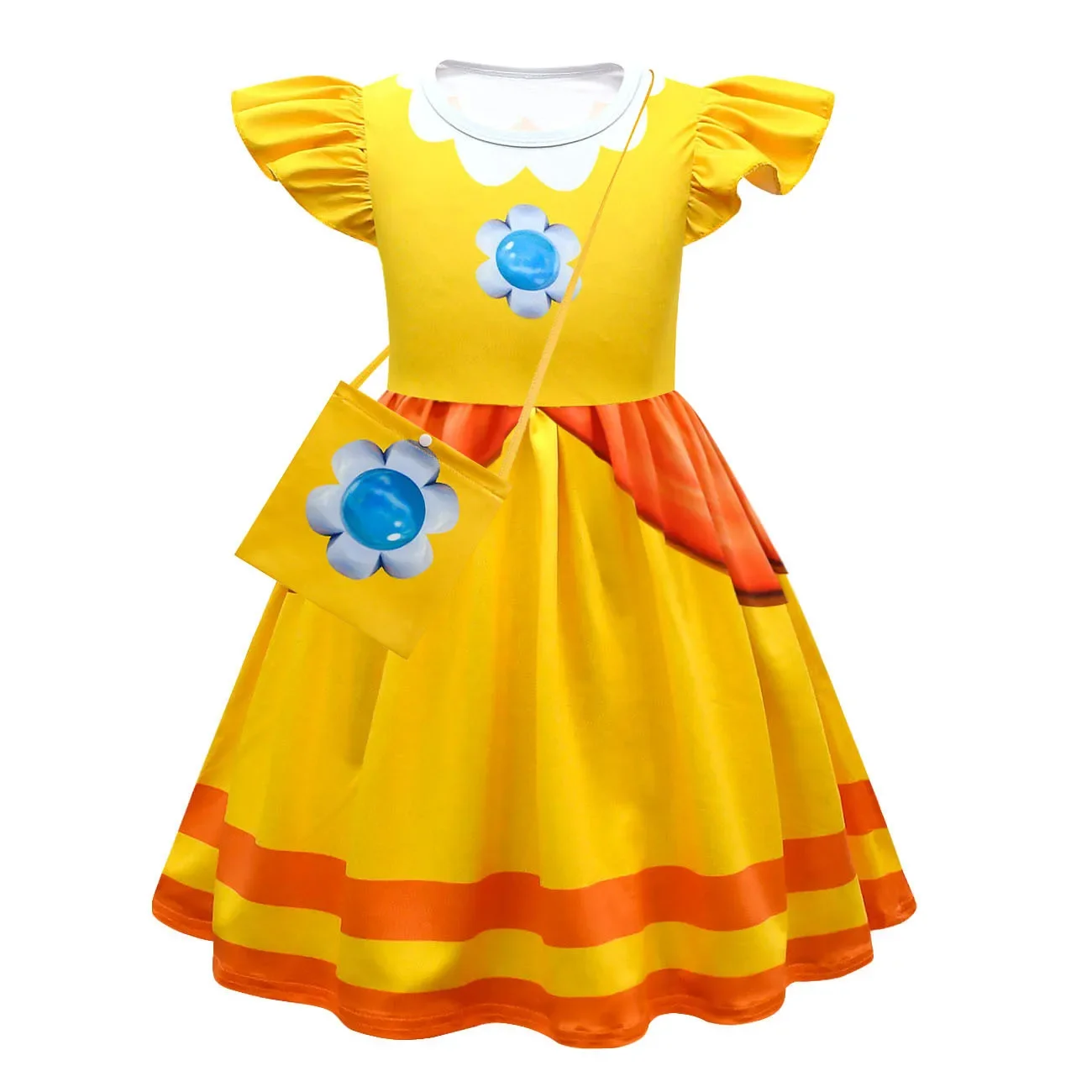 Kids Anime Cartoon Print Princess Peach Ruffle Dress Bag Set Outfit for Girls Christmas Halloween Cosplay Costume