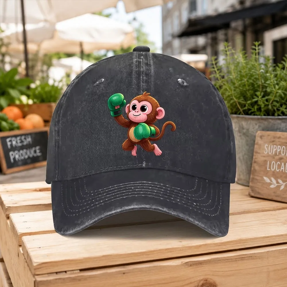 Boxing Little Monkey Pattern Washed Baseball Cap Unisex Casual Outdoor Street Style Hat