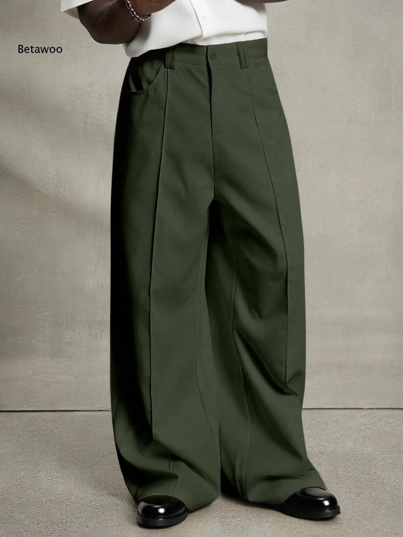 Men Loose Wide Leg Long Pants Army Green Pleated Front Design Comfortable Silhouette For Daily Business Fashion Matching