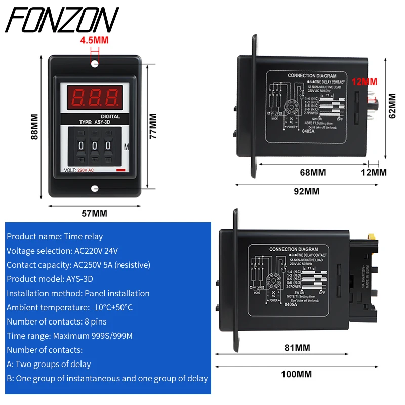 ASY-3D Programmable Delay Timer Relay 8-Pin With Base AC220V/DC24V 1-999s 999m 99.9s 99.9m Digital Display Timer Relay