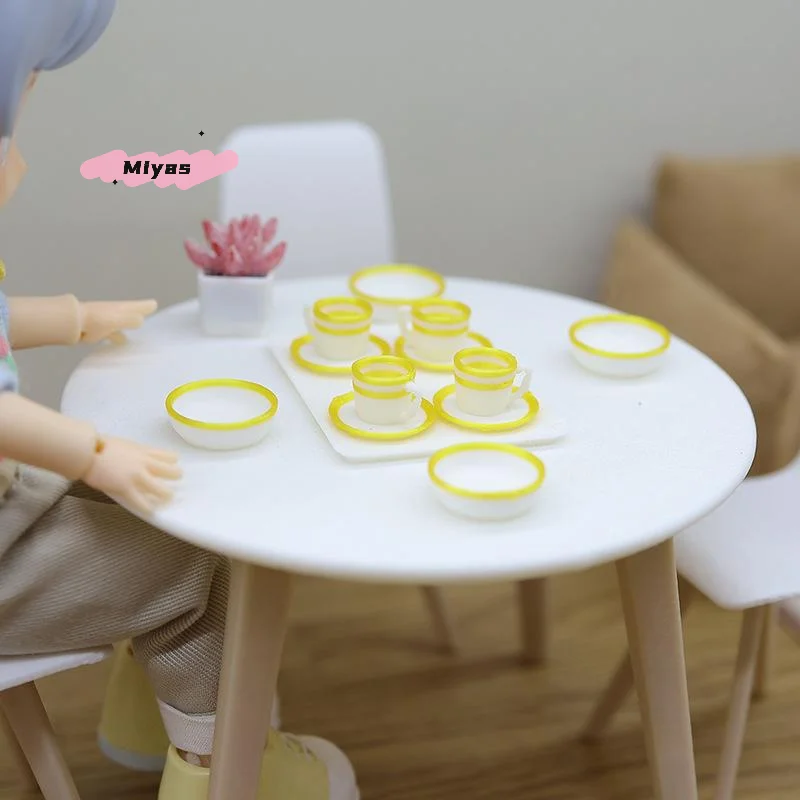 13Pcs Dollhouse Miniature Tableware Set with Tray 4 Cups 4 Dishes 4 Plates Simulation Mini Food Kitchenware for Doll House Acces