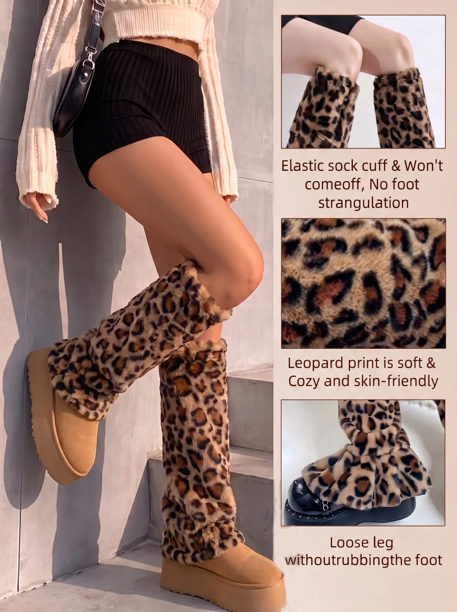 1-Pair Leopard Print Fluffy Slouchy Leg Warmers Soft Stretch Retro Warm Leg Covers for Winter Street Outfits