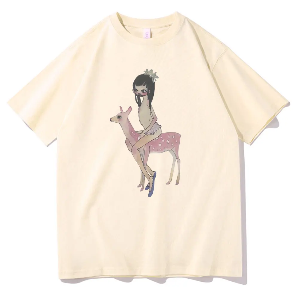 Yoshitomo Nara Aya Takano Grunge Girl Riding Pink Deer Art Baby Graphic T-shirts Men Women Cartoon Funny Tees Oversized Tshirt