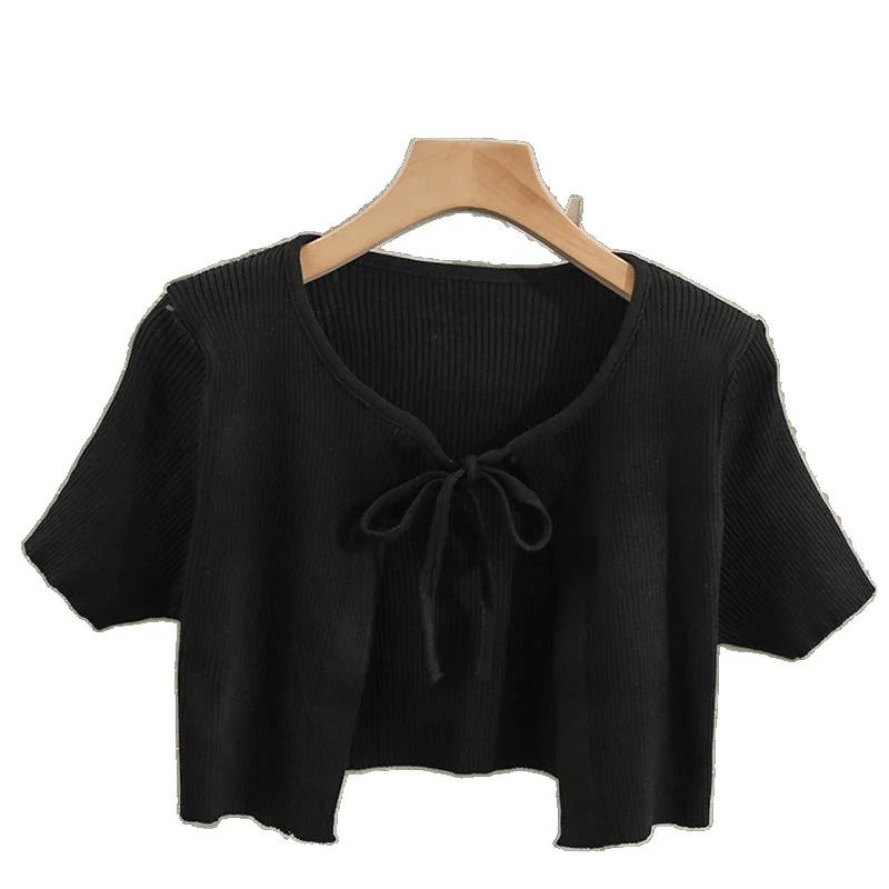 Top corto con fiocco francese con lacci Camicia da donna nuova versatile a maniche corte sottile lavorata a maglia per maglione cardigan semplice e solido estivo