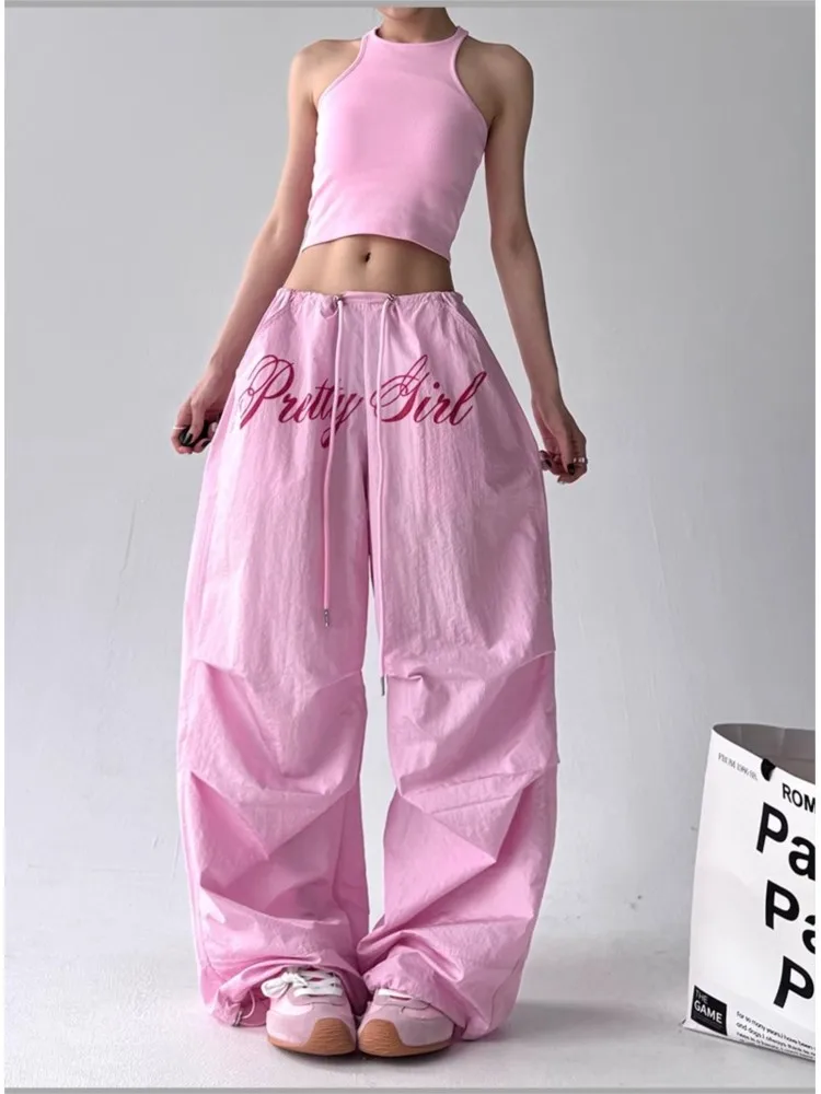 

New Casual Wide Leg Pant Pants 2026 Autumn Letter Pink Pants For Women Loose And Comfortable Straight Elastic Waist Trousers