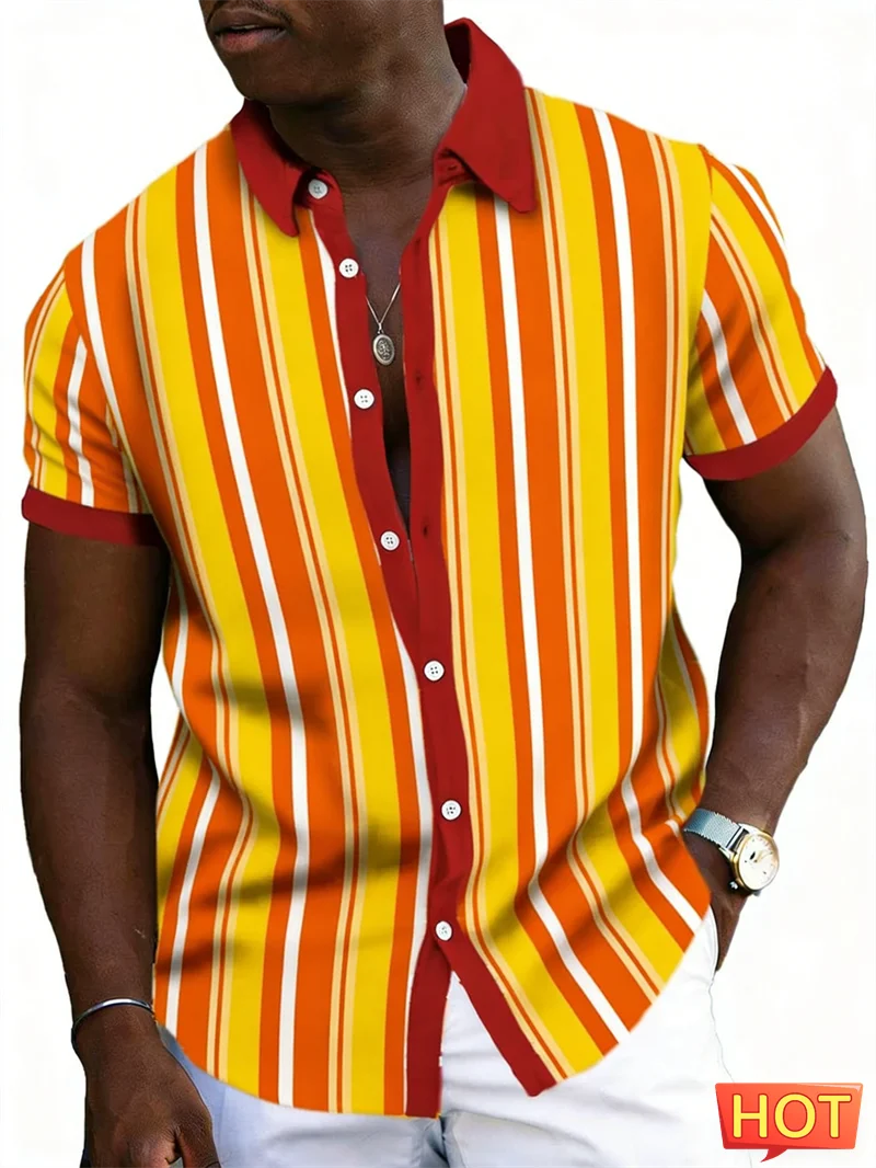 

Мужская повседневная рубашка в полоску с 3D-принтом, простая летняя рубашка с коротким рукавом, воротником и пуговицами, в стиле ретро, оверсайз, для повседневной носки