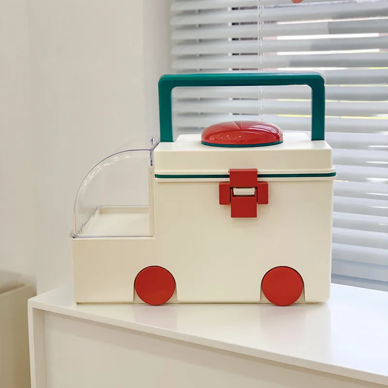 simple Ins Double Layer Ambulance Plastic Box Perfume Medicine Table Storage Box Home Decor Drawer Organizer Box First Aid Kit