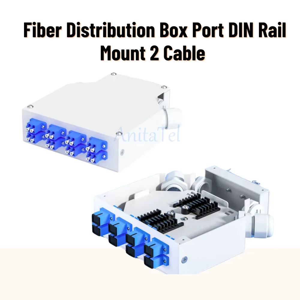 Fiber Distribution Box Port DIN Rail Mount 2 Cable Entries Suitable For 8 Core SC ST FC LC Duplex Adapter